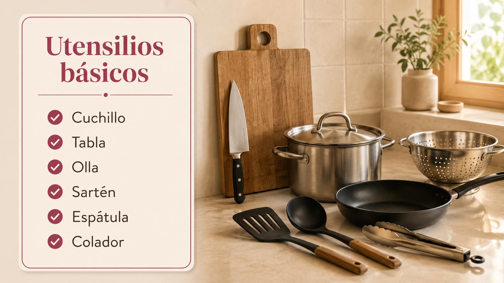 Utensilios de cocina básicos sobre una mesa ordenada