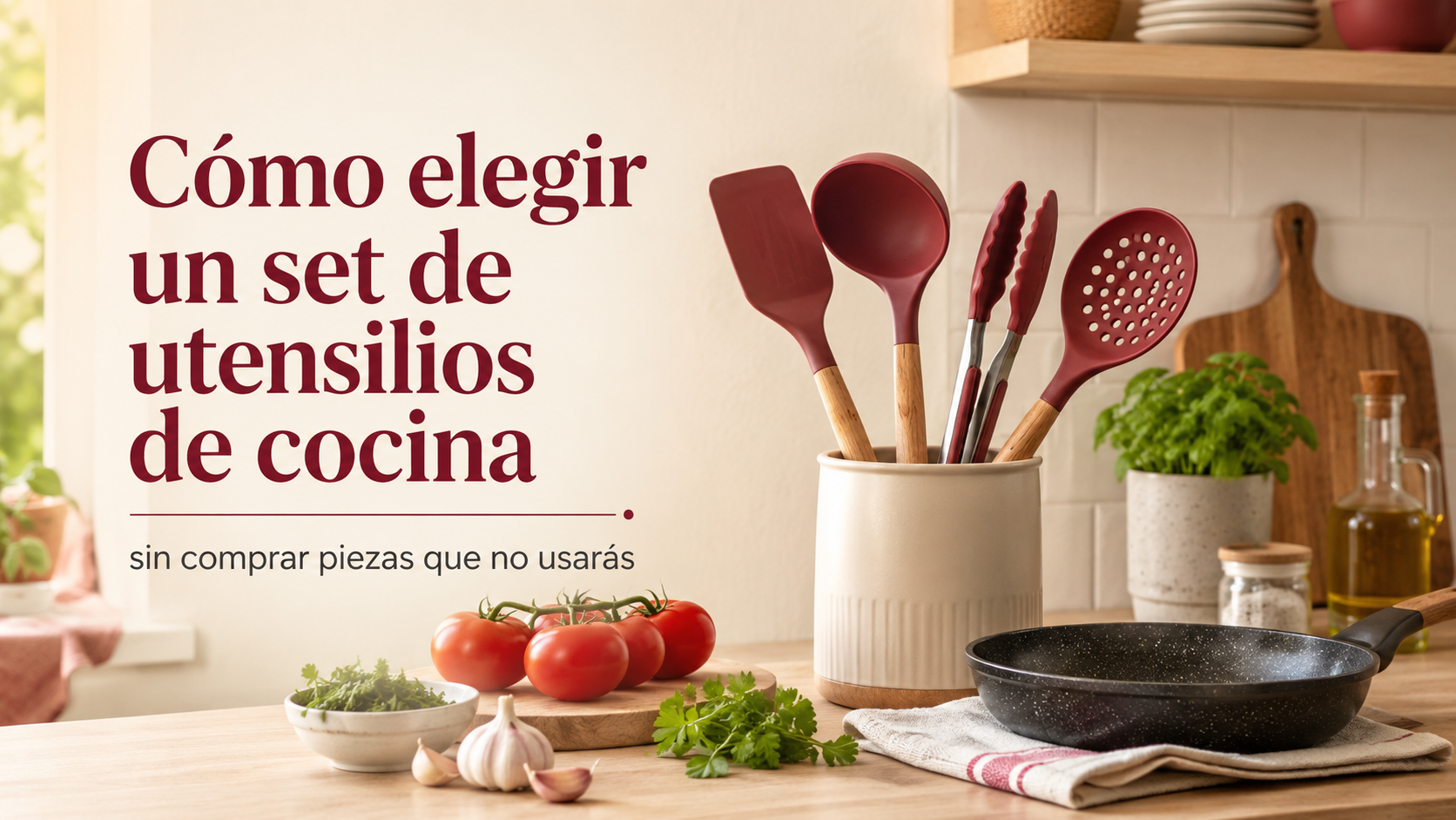 Set de utensilios de cocina sobre una cubierta limpia con sartén antiadherente y herramientas de silicona para cocinar en casa