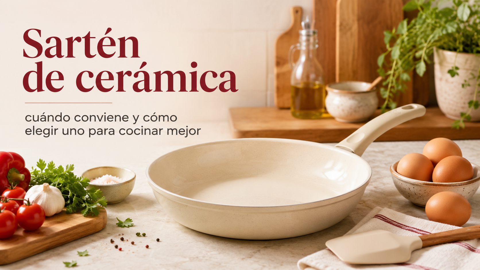 Sartén de cerámica antiadherente sobre una cubierta de cocina con espátula de silicona, huevos y verduras