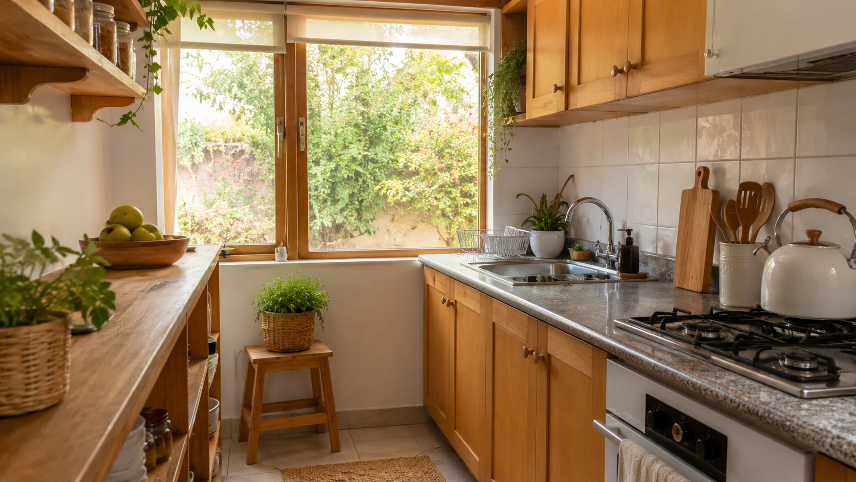 Cocina pequeña ordenada con utensilios y accesorios bien ubicados