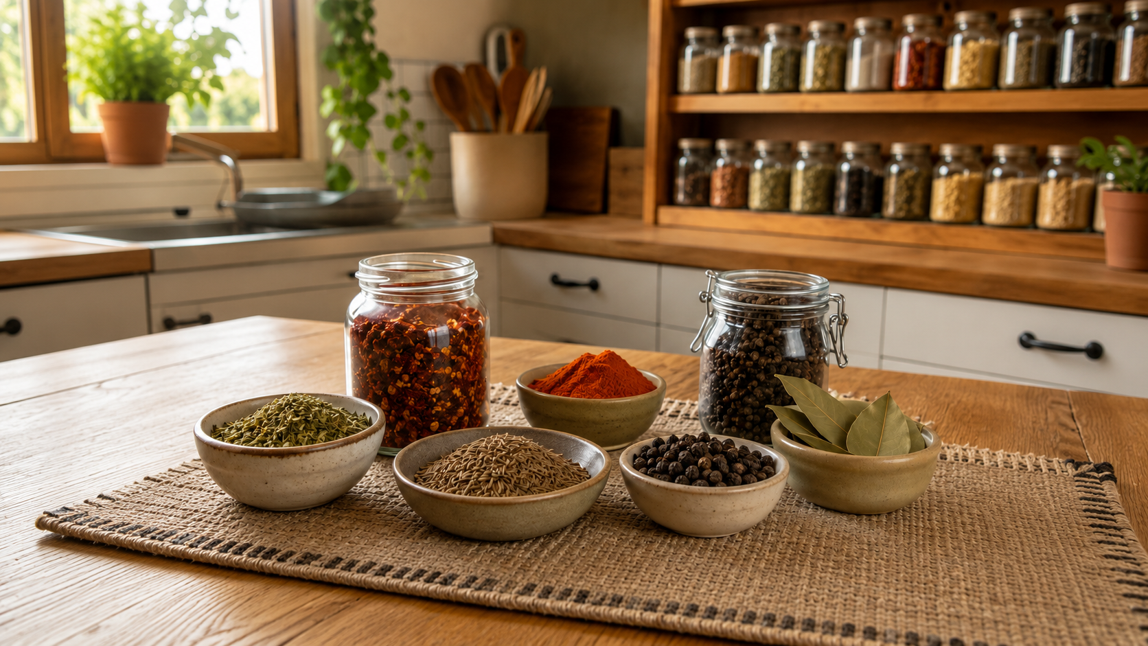 Condimentos para cocinar ordenados en una cocina chilena