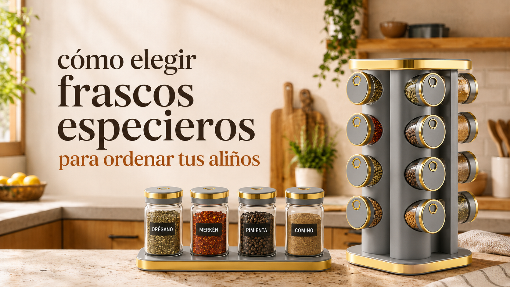 Frascos para condimentos ordenados en una cocina cálida