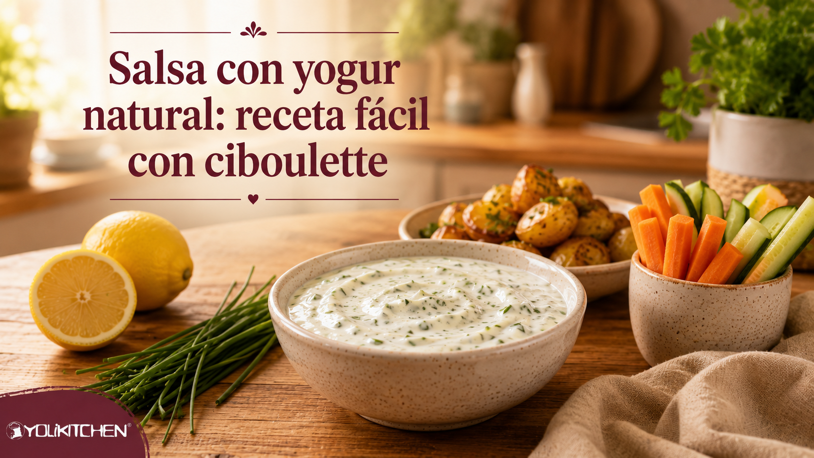 Salsa con yogur natural y ciboulette servida con papas y verduras