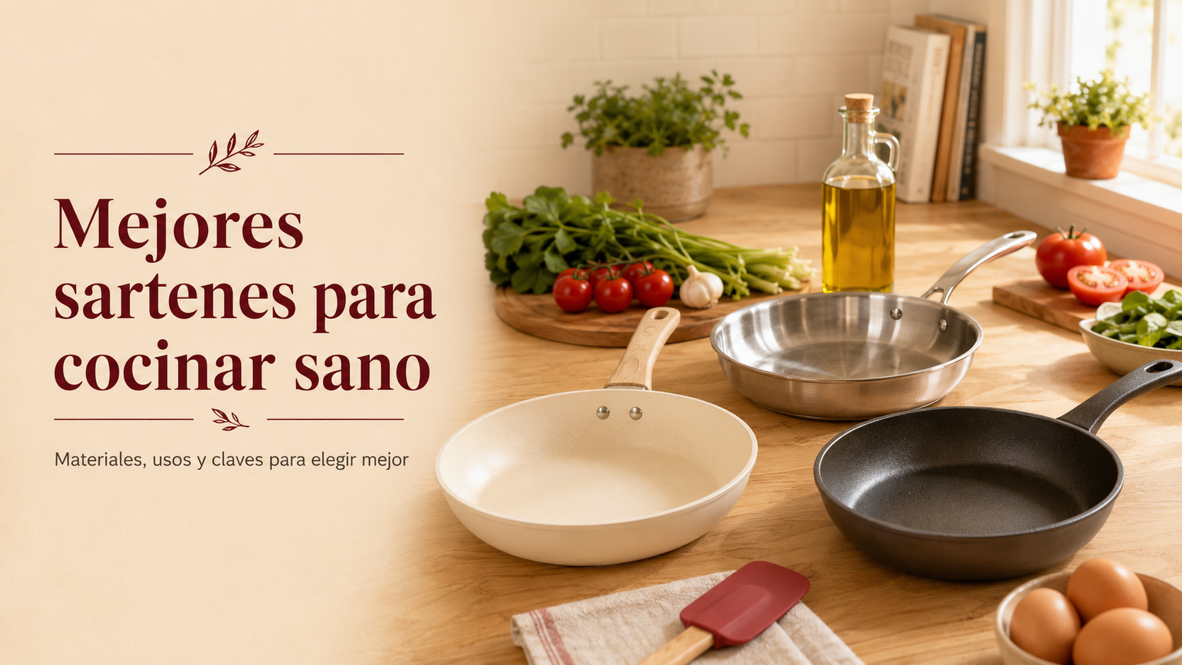 Sartenes saludables de cerámica, acero inoxidable y hierro sobre una cubierta de cocina con huevos y verduras
