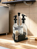 Set Aceitero Vinagrero y Especiero de Vidrio con Soporte