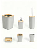 Set de accesorios para baño 6 piezas color gris con detalles de madera