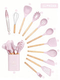 Set de utensilios de cocina de silicona 12 piezas color rosa