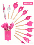 Set de utensilios de cocina de silicona 12 piezas color Rosa fucsia