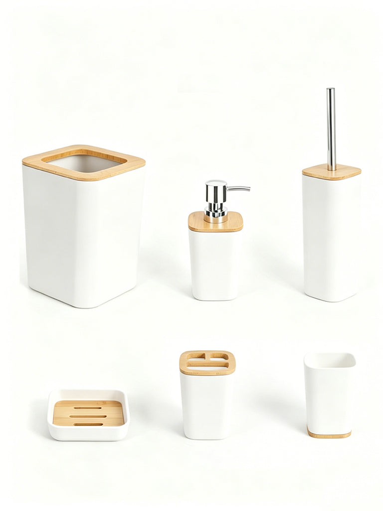 Set de accesorios para baño 6 piezas color blanco con detalles de madera