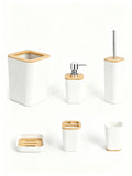 Set de accesorios para baño 6 piezas color blanco con detalles de madera