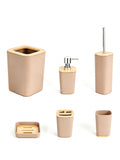 Set de accesorios para baño 6 piezas color caqui con detalles de madera