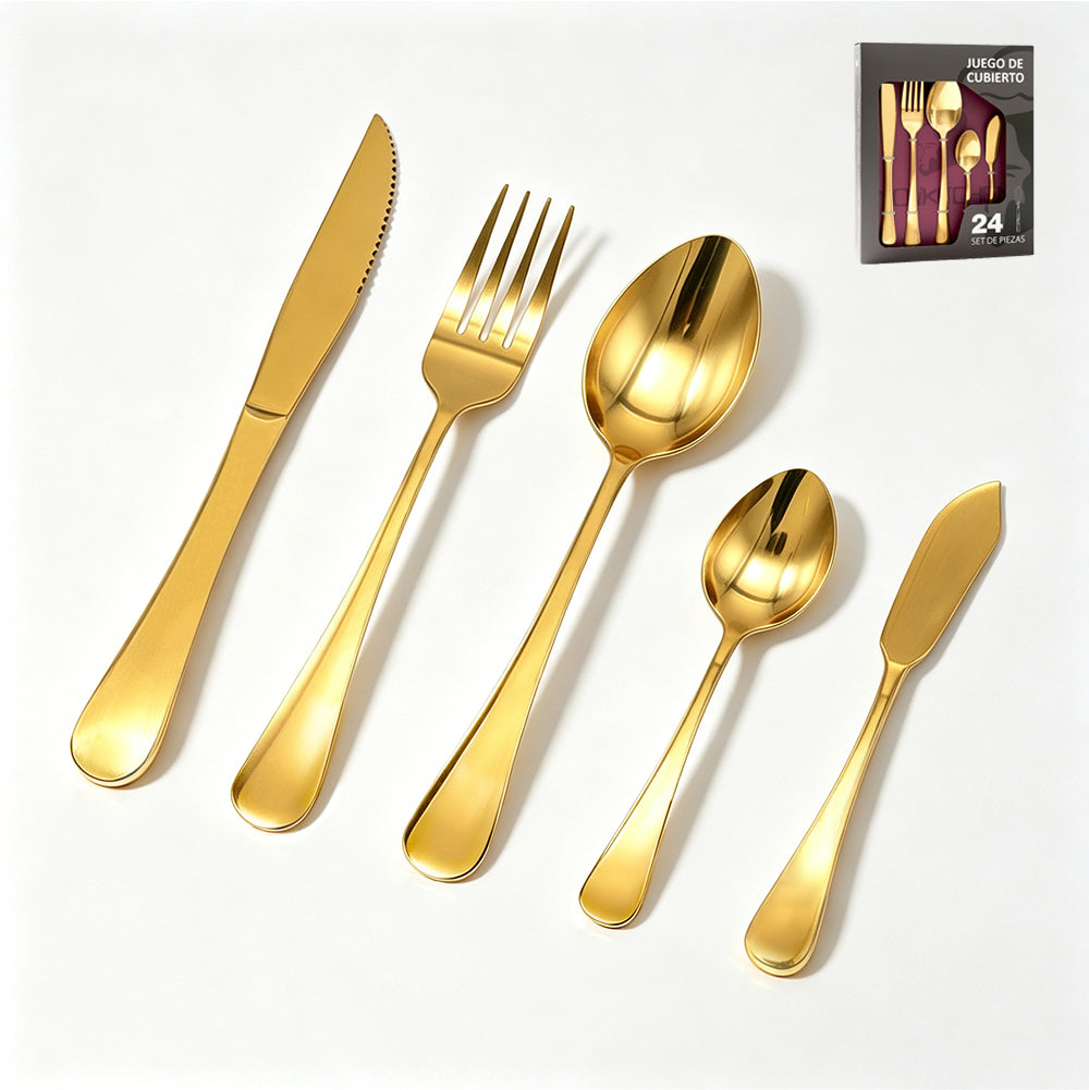 Juego de cubiertos dorados de acero inoxidable de 25 piezas para 6 personas