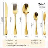 Medidas y contenido del juego de cubiertos dorados de 24 + 1 piezas para 6 personas