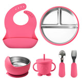 Set de vajilla infantil de acero inoxidable 304 y silicona – 6 piezas-ROSA ROJO