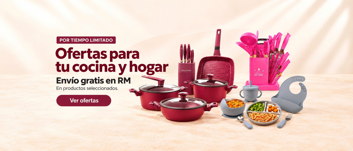 Ofertas por tiempo limitado en Yolikitchen: ollas, utensilios de cocina y vajilla infantil, con envío gratis en RM para productos seleccionados.