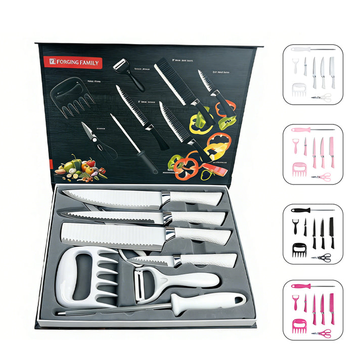 Juego de cuchillos 8 piezas con cuatro cuchillos, afilador, tijeras, pelador y garra para carne