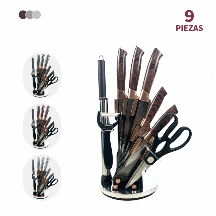 Set de cuchillos con base giratoria, tijeras, pelador y chaira