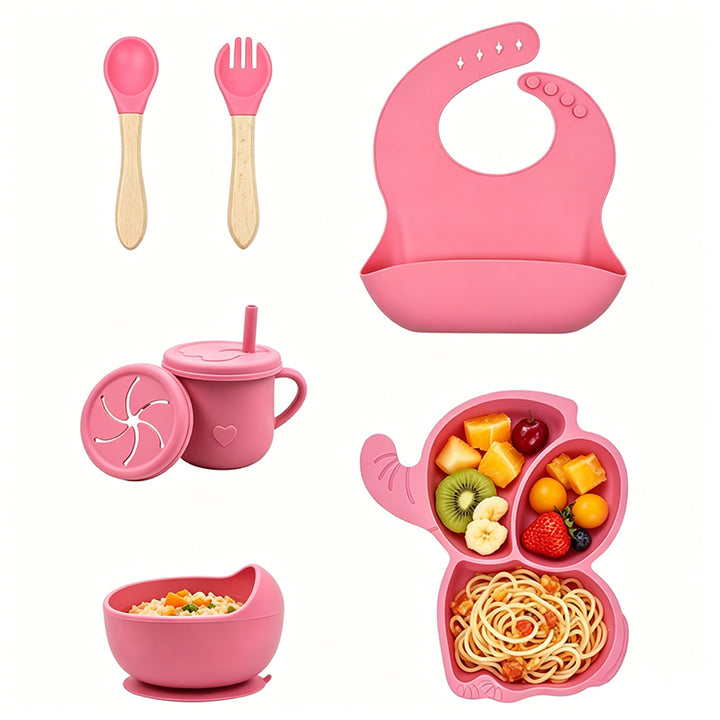 Set de alimentación para bebé de silicona rosa de 6 piezas con plato de elefante-rosa