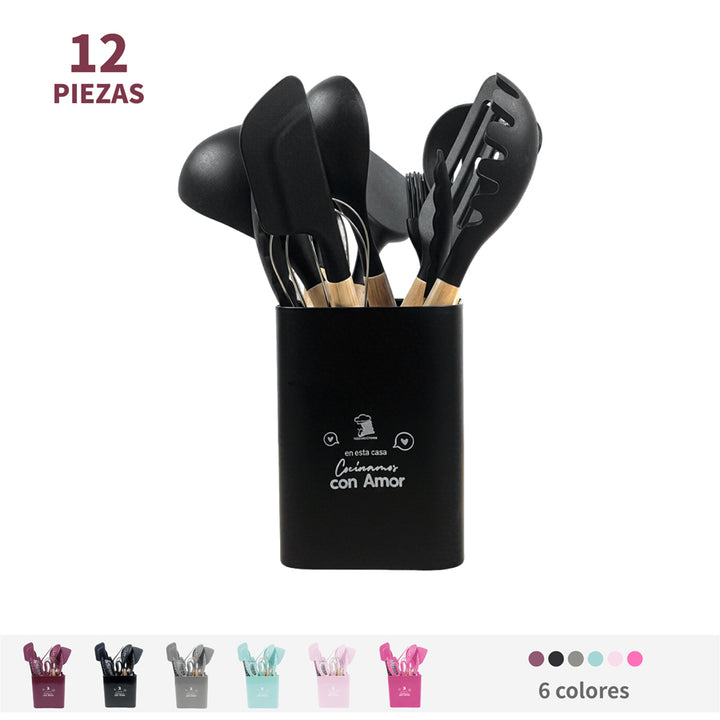 Utensilios de silicona con mango de madera y organizador-12 piezas