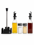 Set Aceitero Vinagrero y Especiero de Vidrio con Soporte