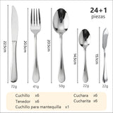 Medidas y contenido del juego de cubiertos plateados de 24 + 1 piezas para 6 personas