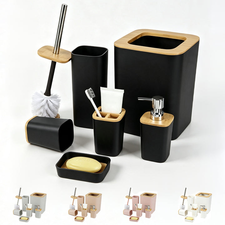 Set de accesorios para baño 6 piezas color caqui con detalles de madera