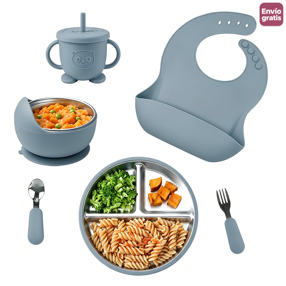 Set de vajilla infantil de acero inoxidable 304 y silicona de 6 piezas-azul